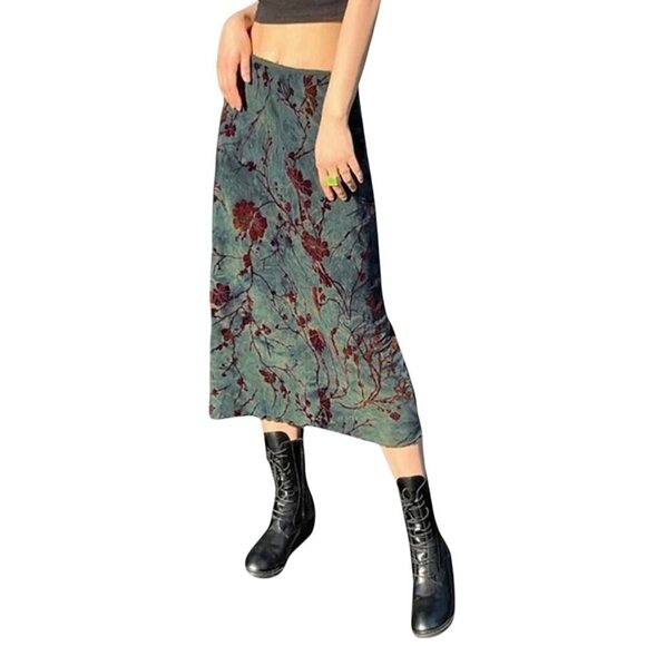 NEW Midi Skirt Sz.M Green Floral Stretch Pull-On Style Fairy Grunge Y2K 90s Boho - Picture 8 of 11